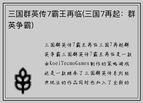 三国群英传7霸王再临(三国7再起：群英争霸)